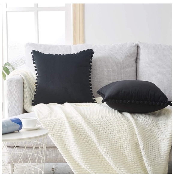 Classic Black Farmhouse Adorable Preppy Cute Pompom Throw Pillow Cover/Case Set - Picture 2 of 16